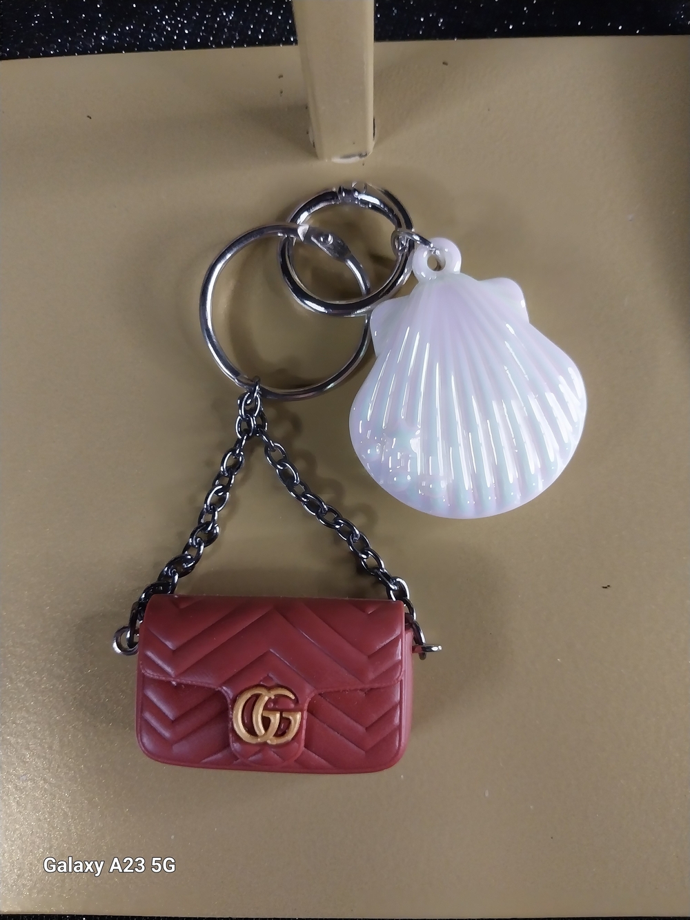 Designer-Inspired Red Quilted Silicone Mini Purse Keychain/Bag Charm W/Seashell